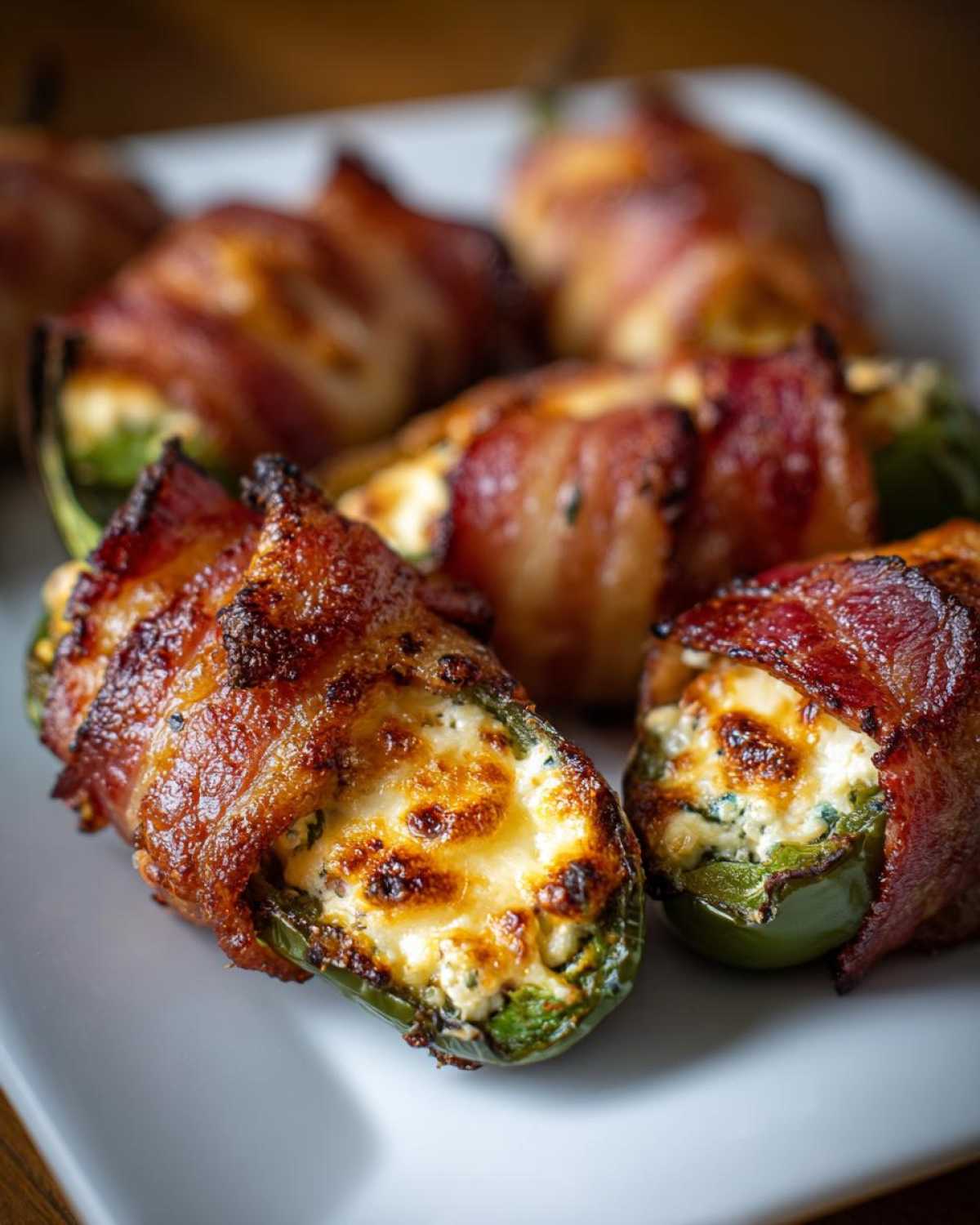 Close-up of crispy, bacon-wrapped Air Fryer Stuffed Jalapeno Poppers filled with melted cheese.