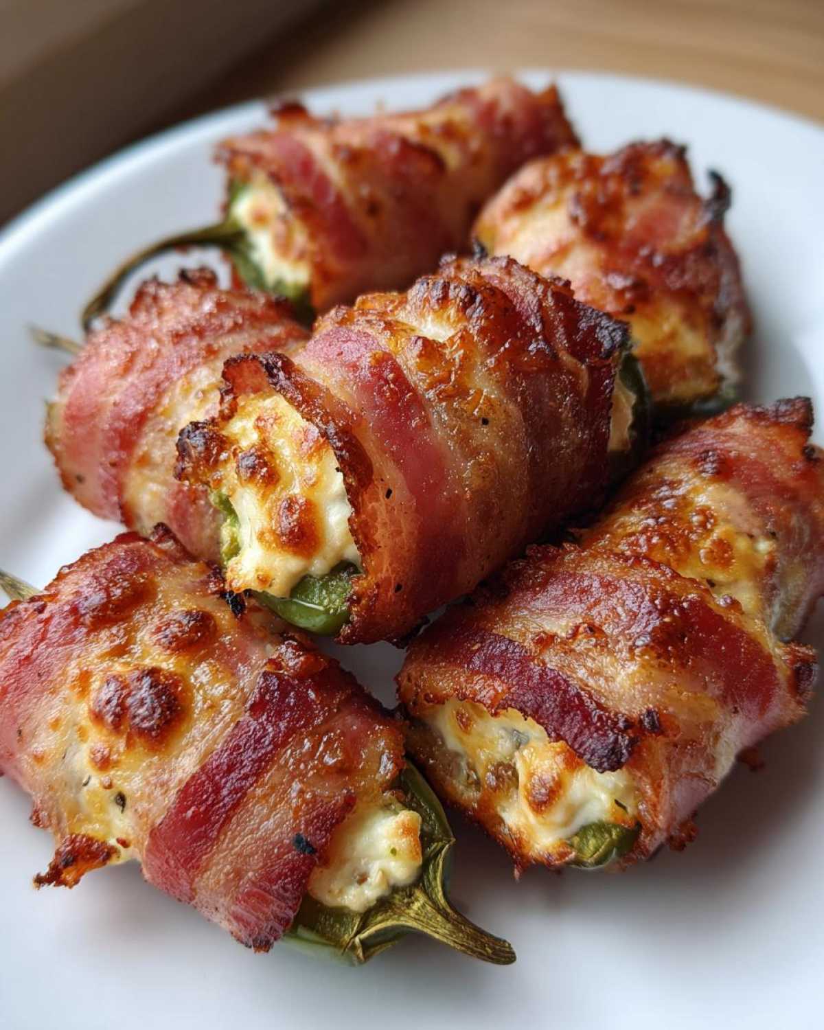 Close-up of crispy, bacon-wrapped Air Fryer Stuffed Jalapeno Poppers filled with melted cheese filling on a white plate.