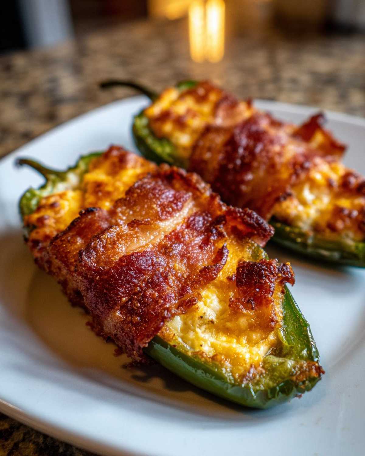 Two crispy Air Fryer Stuffed Jalapeno Poppers topped with melted cheese and bacon served on a white plate.