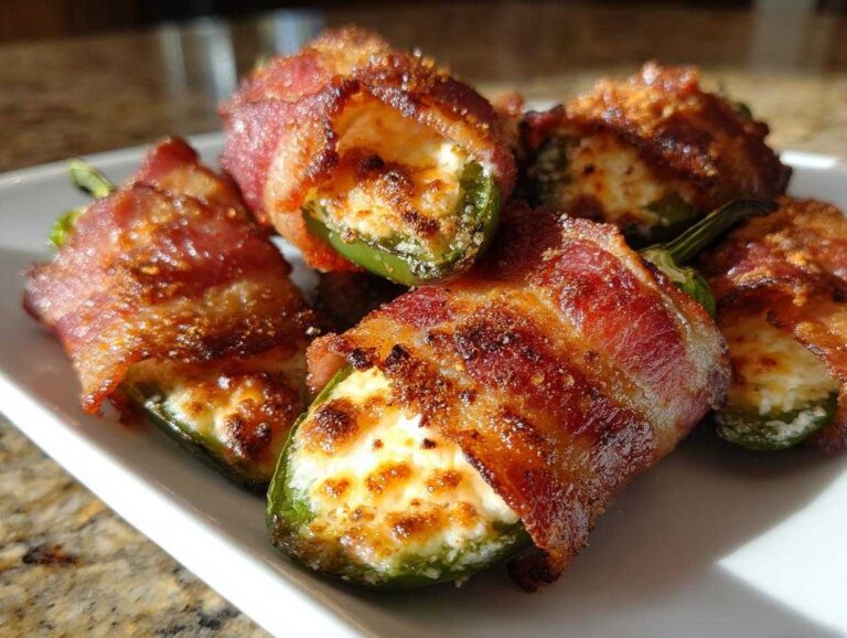 Close-up of crispy, bacon-wrapped Air Fryer Stuffed Jalapeno Poppers filled with melted cheese.