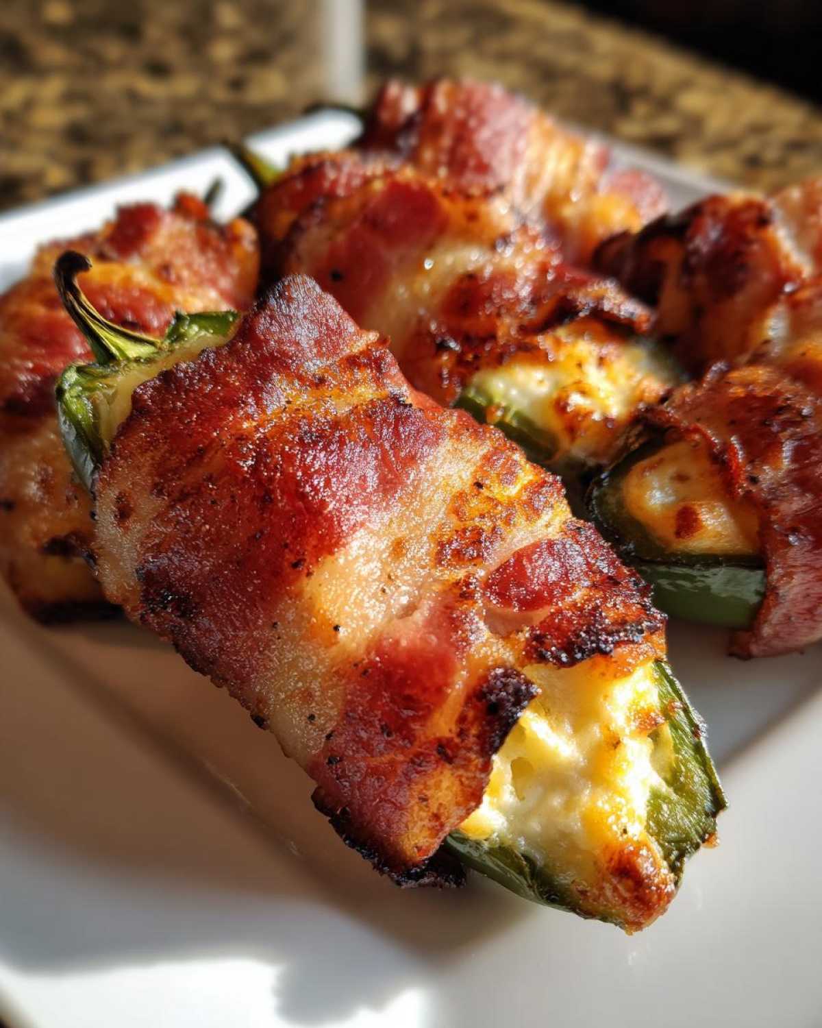 Close-up of crispy, bacon-wrapped Air Fryer Stuffed Jalapeno Poppers filled with melted cheese.