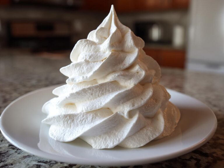 A tall, perfectly piped swirl of thick, white Copycat Cinnabon Cream Cheese Frosting on a small white plate.