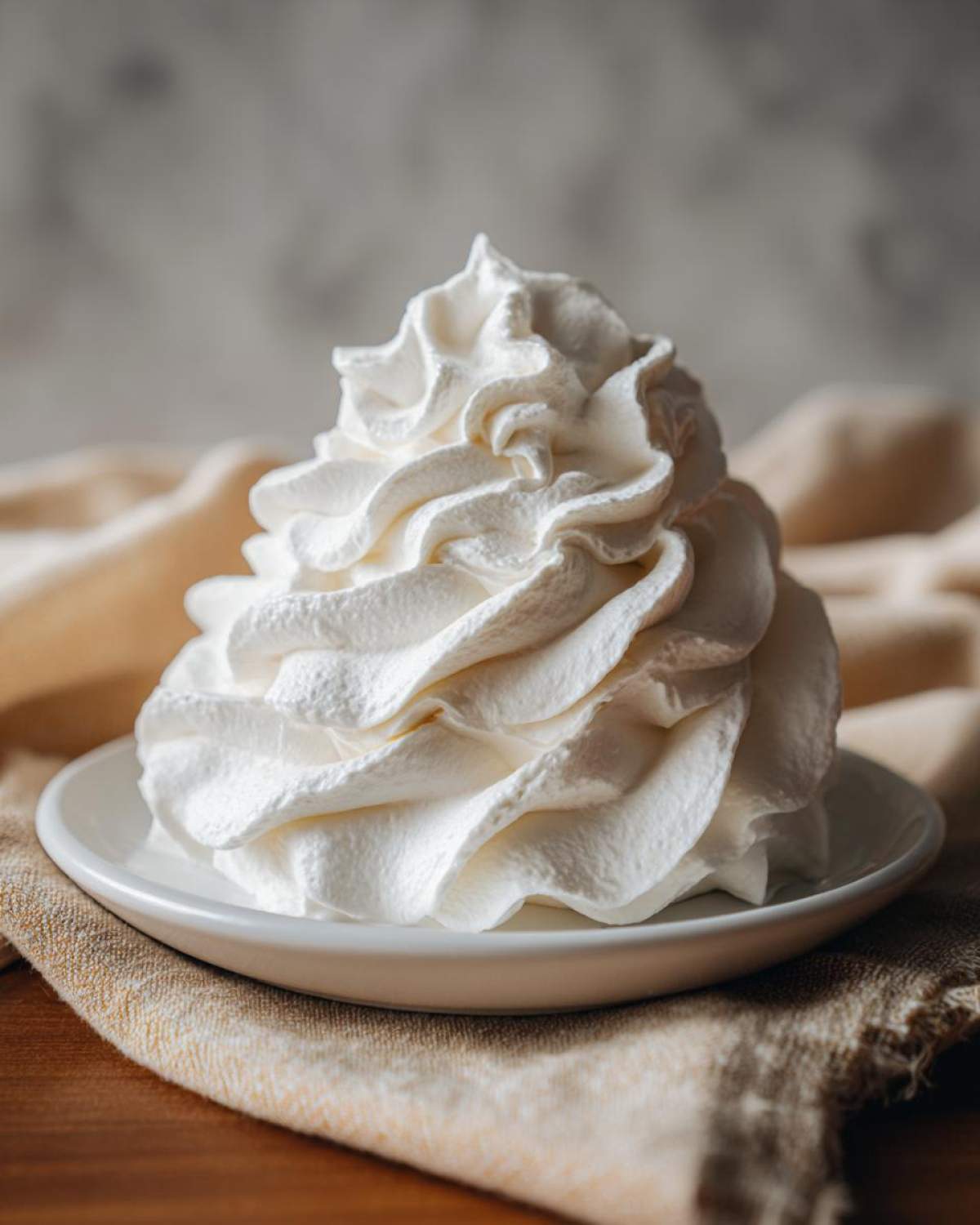 A tall, perfectly piped swirl of thick, white Copycat Cinnabon Cream Cheese Frosting on a small white plate.