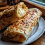 Close-up of two golden-brown Copycat Costco Chicken Bake rolls, showing melted, stringy cheese filling spilling out.