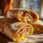 Three halves of a Copycat Costco Chicken Bake, showing melted cheese oozing out alongside chicken pieces inside a toasted tortilla.