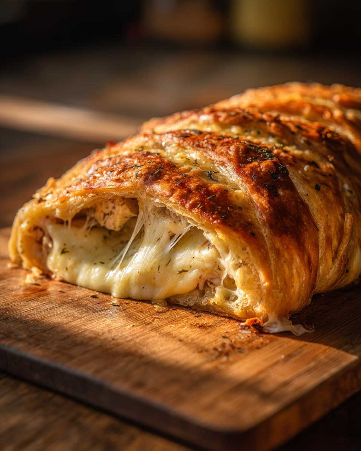 Close-up of a sliced Copycat Costco Chicken Bake showing melted, stringy cheese filling oozing out.