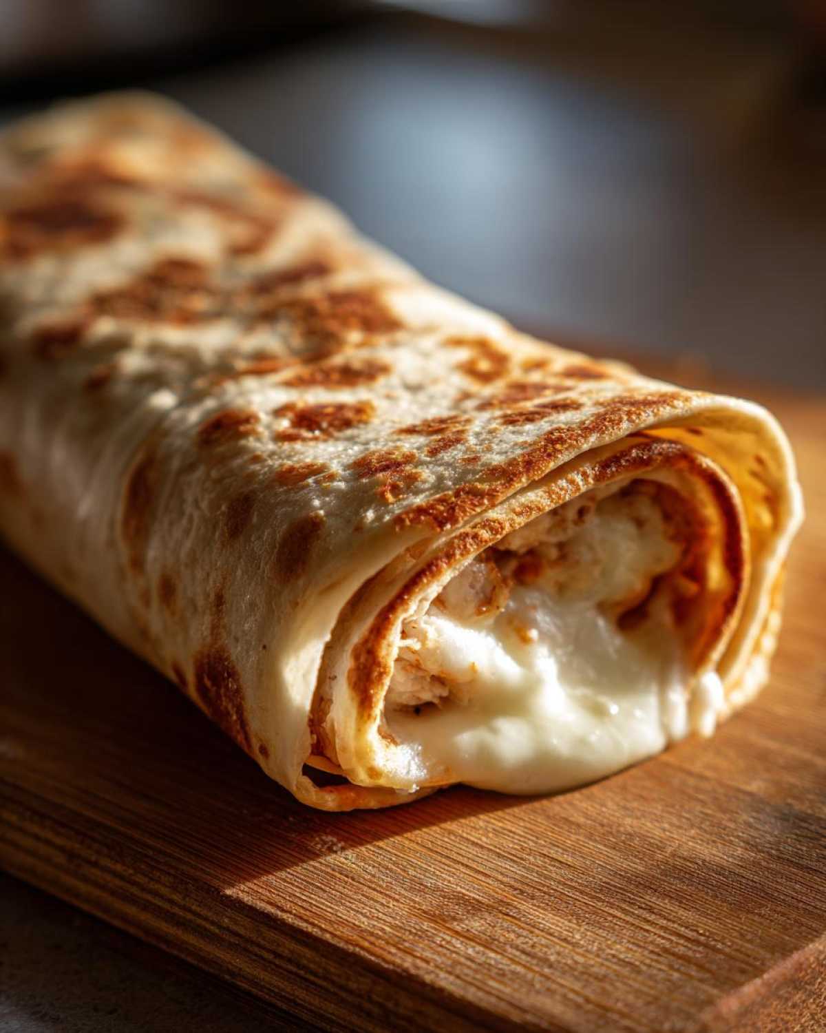 Close-up of a rolled Copycat Costco Chicken Bake showing melted white cheese oozing out.