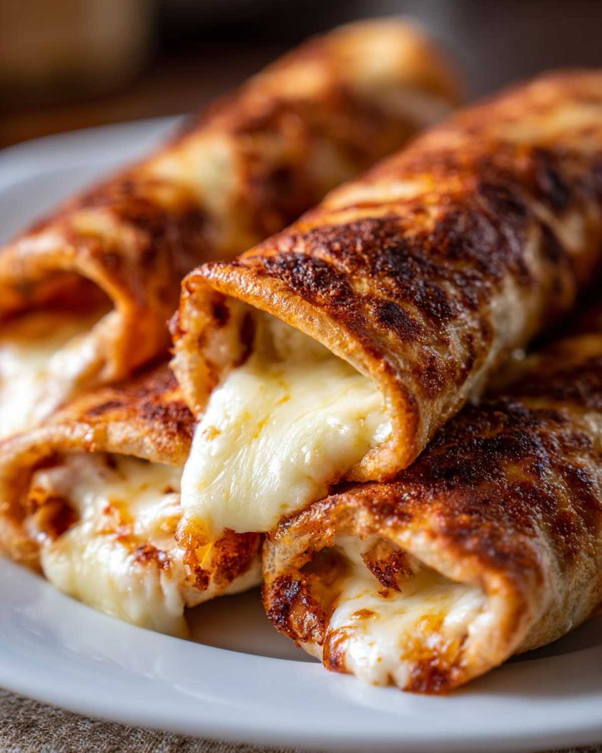 Close-up of golden-brown Copycat Costco Chicken Bake rolls oozing with melted white cheese.