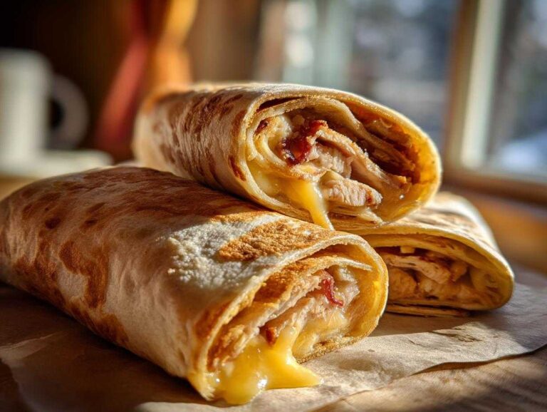 Three halves of a Copycat Costco Chicken Bake, showing melted cheese oozing out alongside chicken pieces inside a toasted tortilla.
