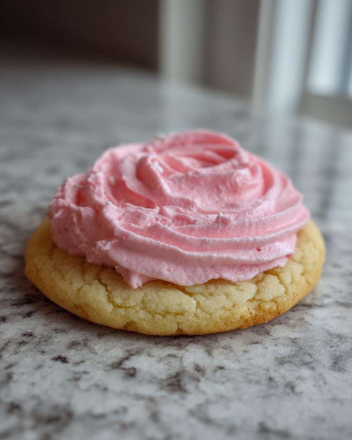 A single, thick Copycat Crumbl Sugar Cookie topped with a generous swirl of bright pink frosting.