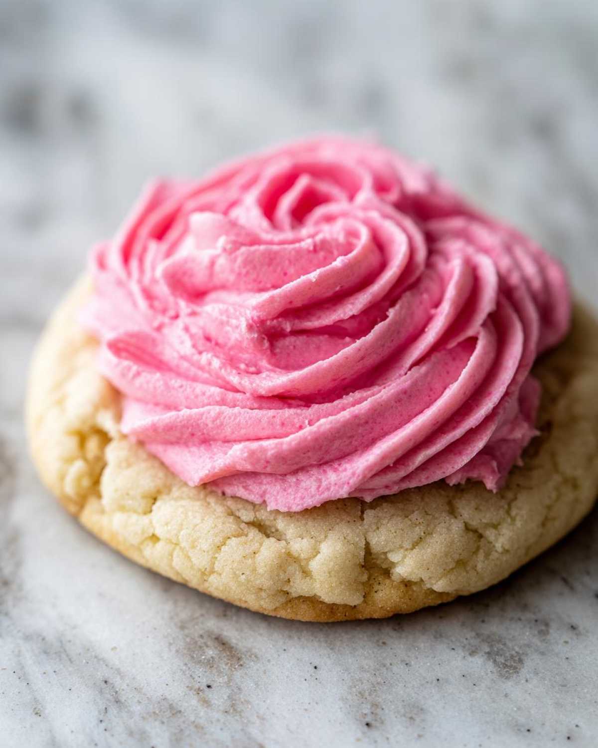 Close-up of a soft, thick Copycat Crumbl Sugar Cookie topped with vibrant pink frosting piped in a swirl.