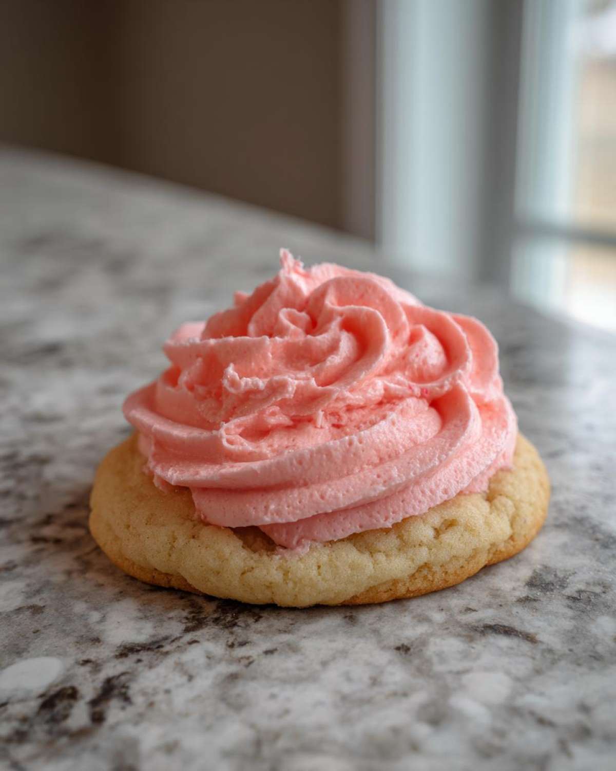 A single, thick Copycat Crumbl Sugar Cookie topped with a swirl of bright pink frosting.