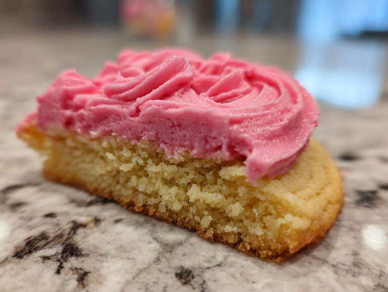 Cross-section of a Copycat Crumbl Sugar Cookie showing the soft base and thick swirl of bright pink frosting.
