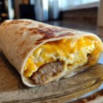 A close-up view of a freshly made Copycat Dunkin' Wake-Up Wrap filled with scrambled eggs, melted cheddar cheese, and sausage.