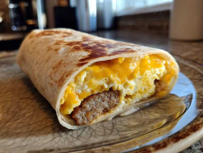 A close-up view of a freshly made Copycat Dunkin' Wake-Up Wrap filled with scrambled eggs, melted cheddar cheese, and sausage.