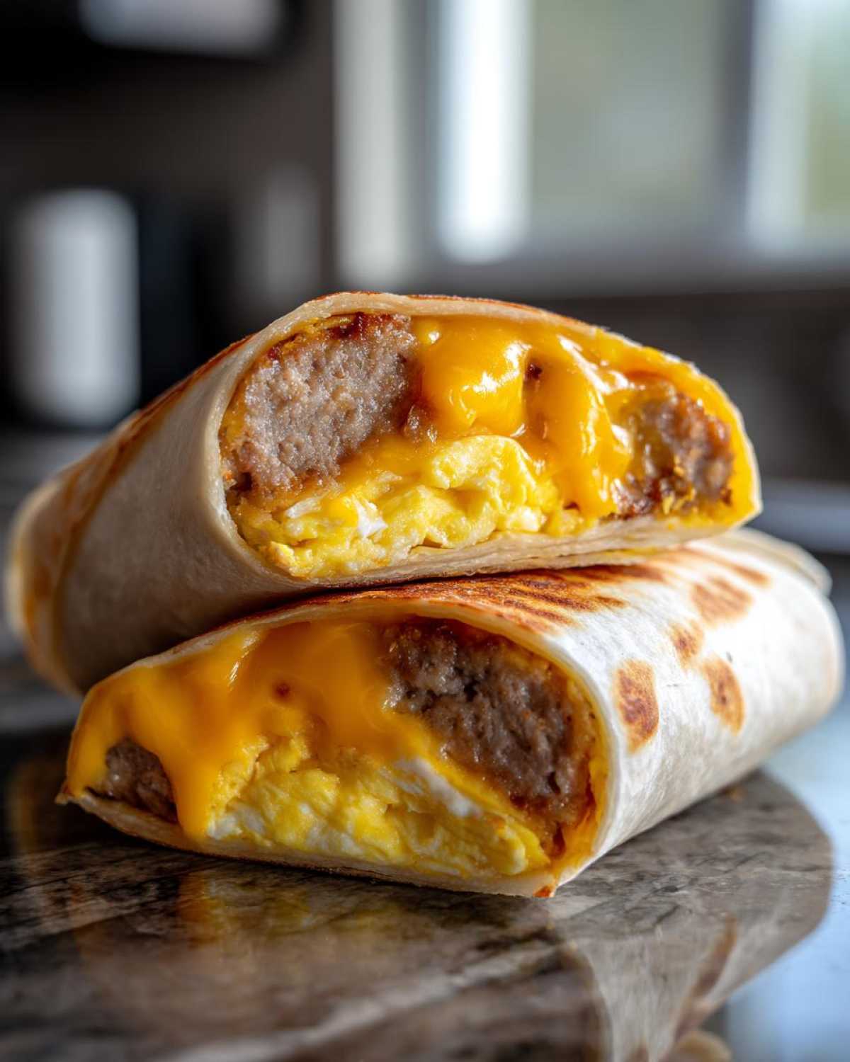 Close-up of a Copycat Dunkin' Wake-Up Wrap cut in half, showing sausage, scrambled eggs, and melted cheese.