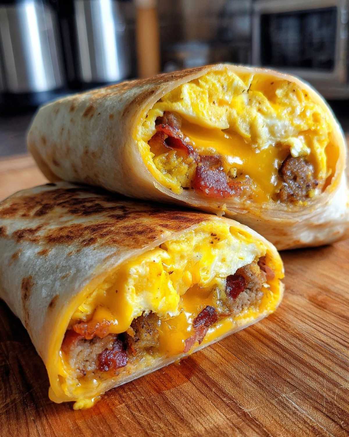 Close-up of a Copycat Dunkin' Wake-Up Wrap cut in half, showing melted cheese, scrambled eggs, sausage, and bacon.