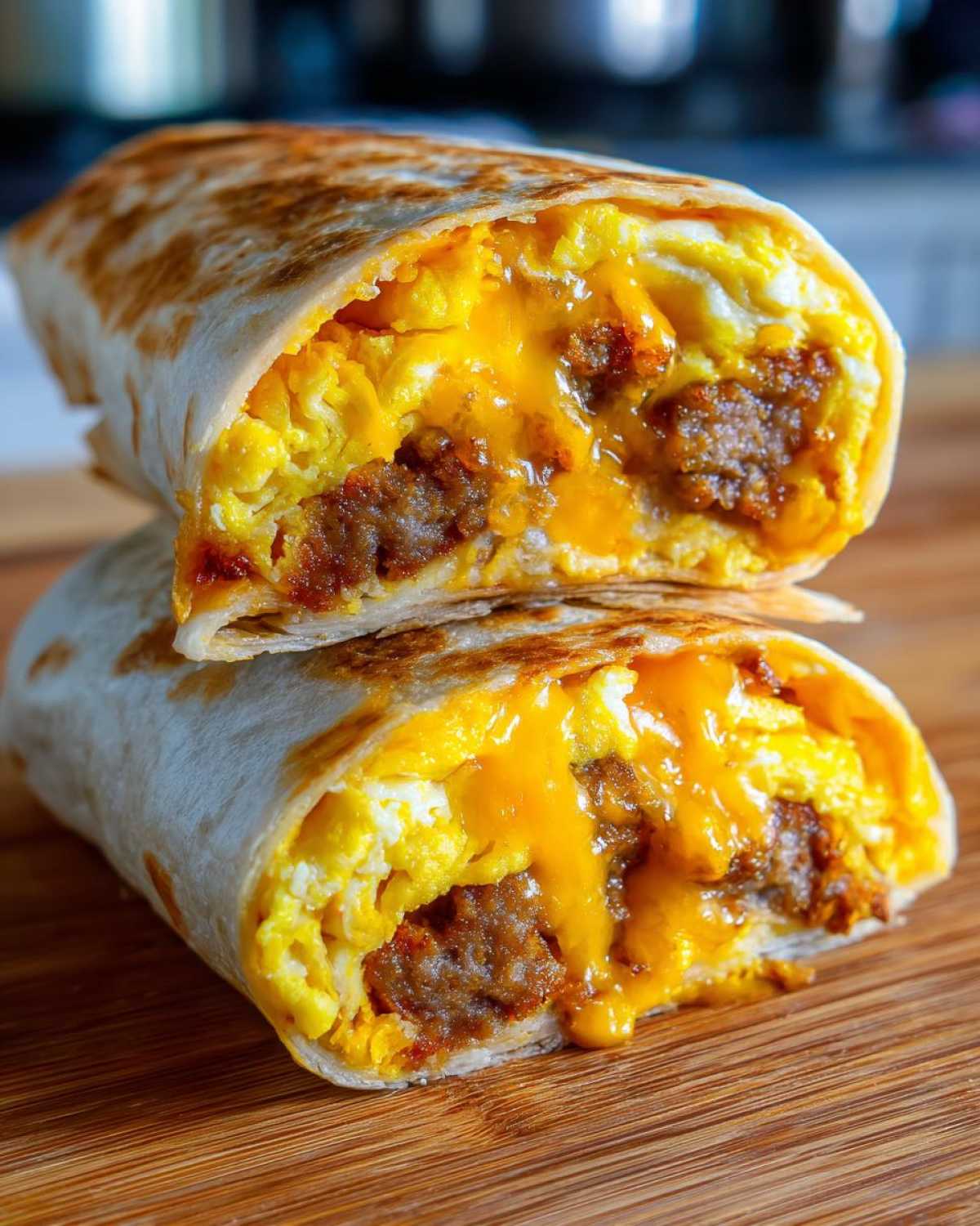 Close-up of a Copycat Dunkin' Wake-Up Wrap cut in half, showing melted cheese, scrambled eggs, and sausage.