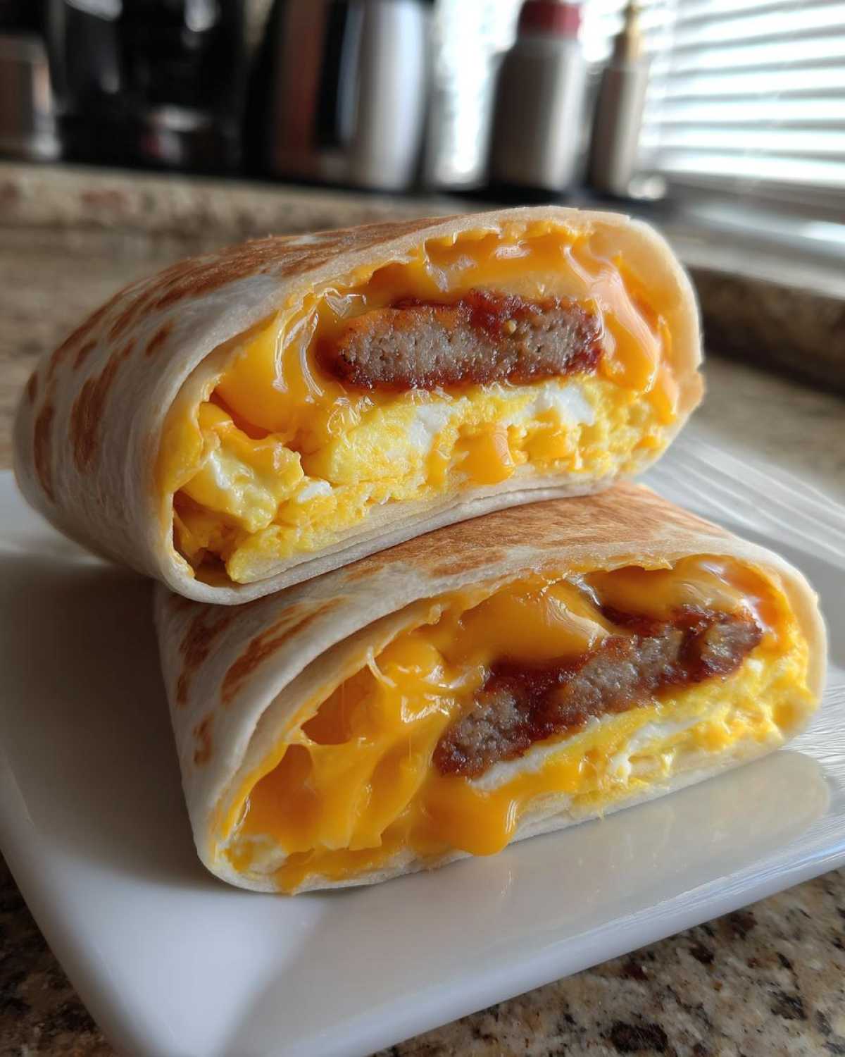 Two halves of a Copycat Dunkin' Wake-Up Wrap showing melted cheese, scrambled eggs, and sausage patty inside a tortilla.