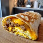 A delicious, grilled Copycat Dunkin' Wake-Up Wrap filled with sausage, scrambled eggs, and melted cheddar cheese.
