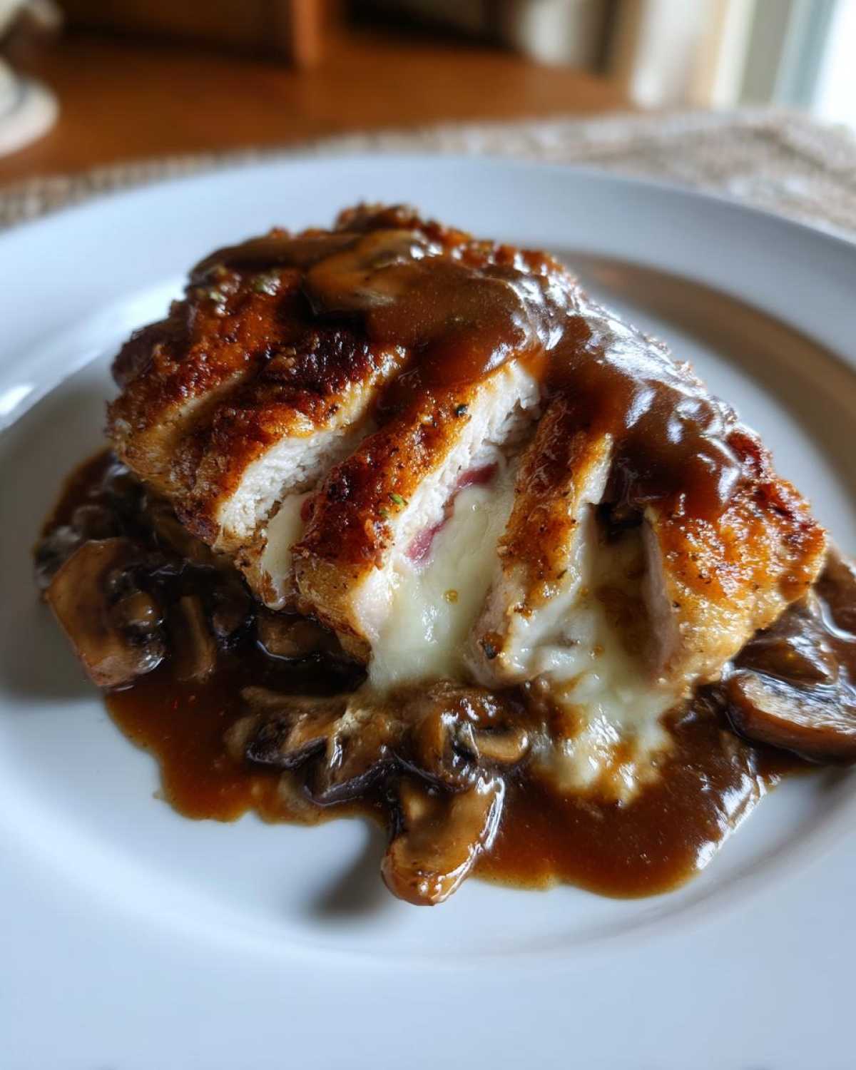 Close-up of sliced Copycat Olive Garden Stuffed Chicken Marsala showing melted cheese filling, topped with mushroom Marsala sauce.