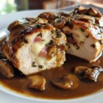 Cross section of Copycat Olive Garden Stuffed Chicken Marsala showing melted cheese and ham filling in a rich mushroom sauce.