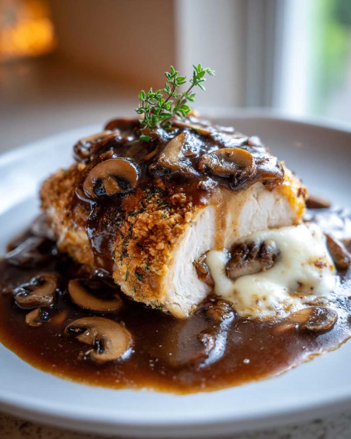 Cross-section view of Copycat Olive Garden Stuffed Chicken Marsala, showing melted cheese and mushroom filling, topped with rich mushroom sauce.