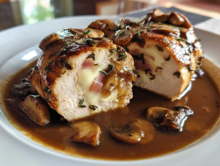 Cross section of Copycat Olive Garden Stuffed Chicken Marsala showing melted cheese and ham filling in a rich mushroom sauce.