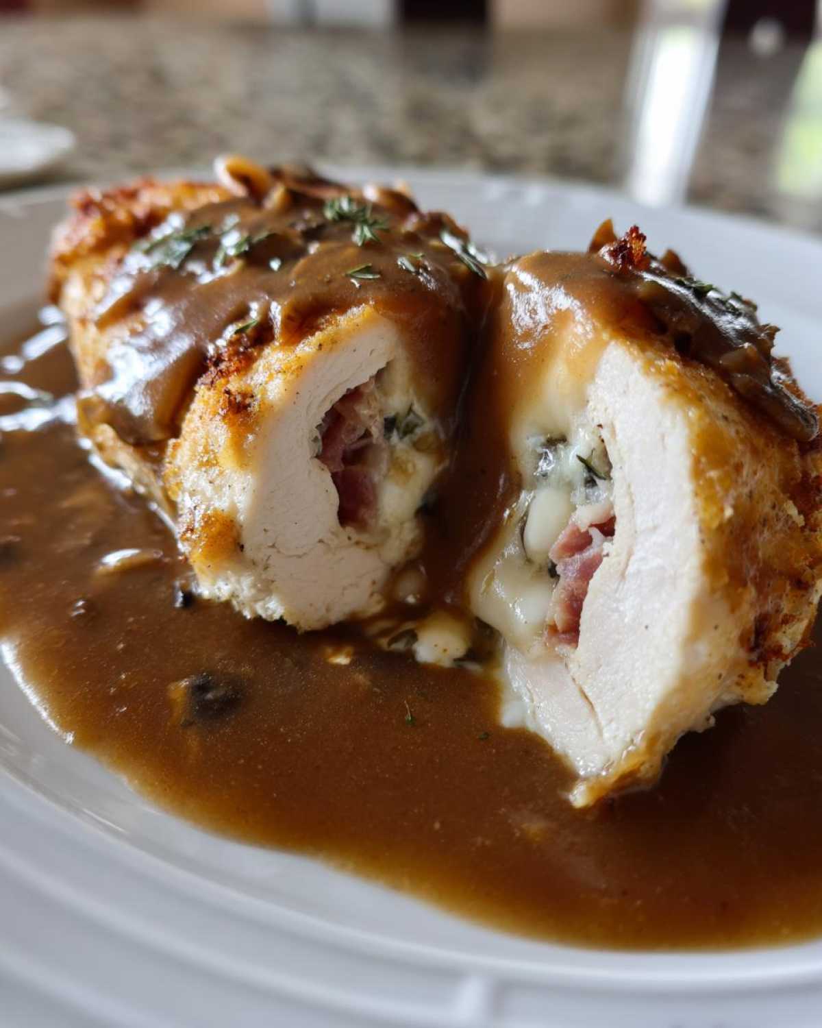 Cross-section of Copycat Olive Garden Stuffed Chicken Marsala showing melted cheese and ham filling, covered in rich brown sauce.