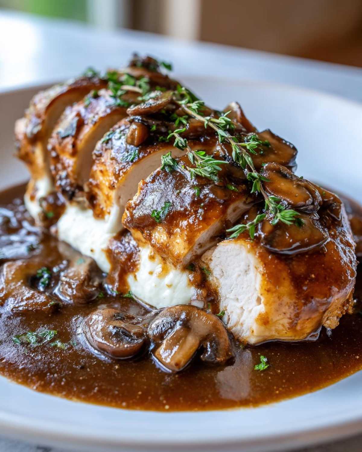 A sliced portion of Copycat Olive Garden Stuffed Chicken Marsala served over mashed potatoes and covered in rich mushroom Marsala sauce.