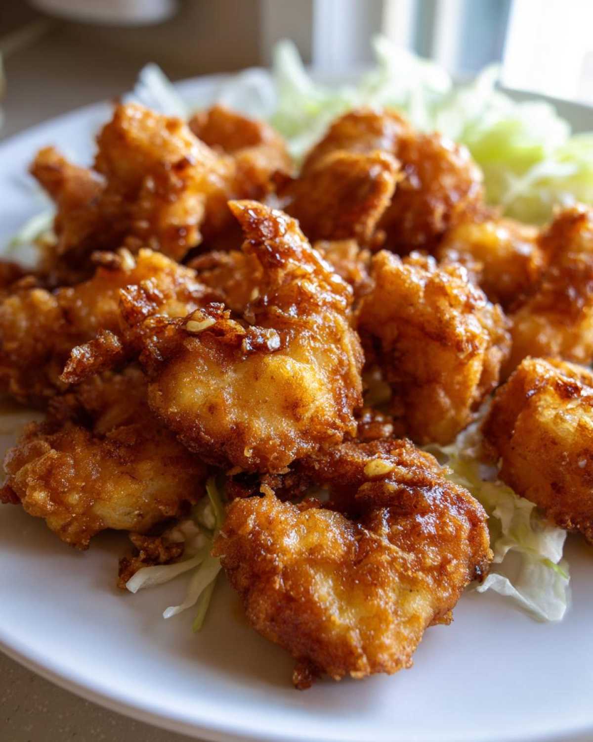 Close-up of crispy, glazed shrimp pieces served over shredded lettuce, resembling Copycat Panda Express Honey Walnut Shrimp.