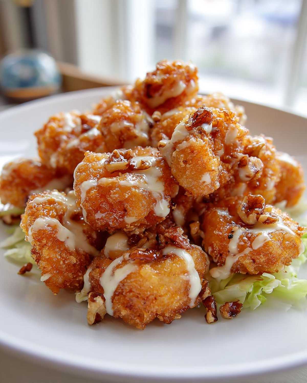 A close-up of crispy, battered shrimp drizzled with creamy sauce and topped with candied walnuts, resembling Copycat Panda Express Honey Walnut Shrimp.