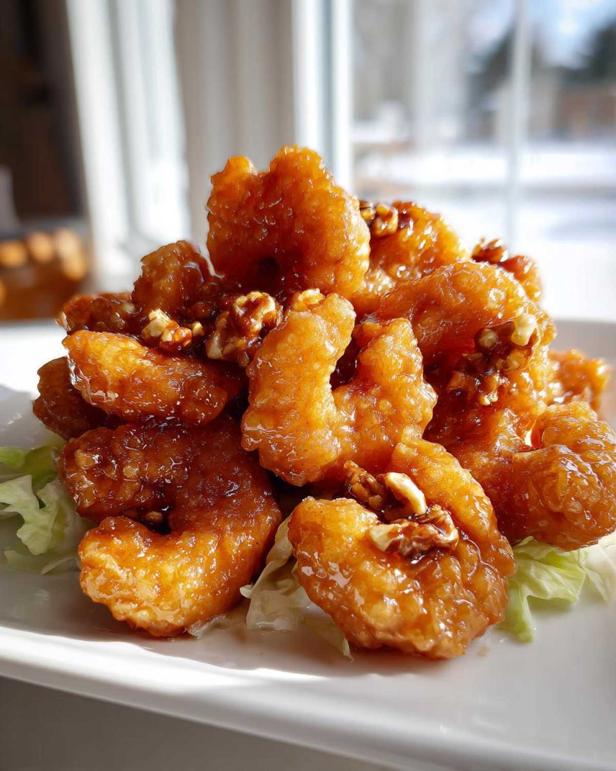 A mound of crispy, glazed Copycat Panda Express Honey Walnut Shrimp served over lettuce on a white plate.