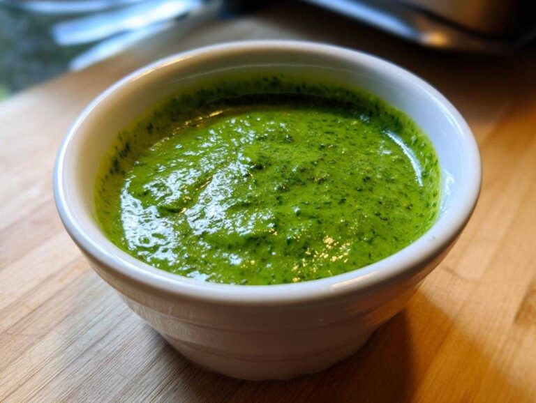 Close-up of bright green Copycat Panera Green Goddess Dressing in a small white bowl on a wooden surface.
