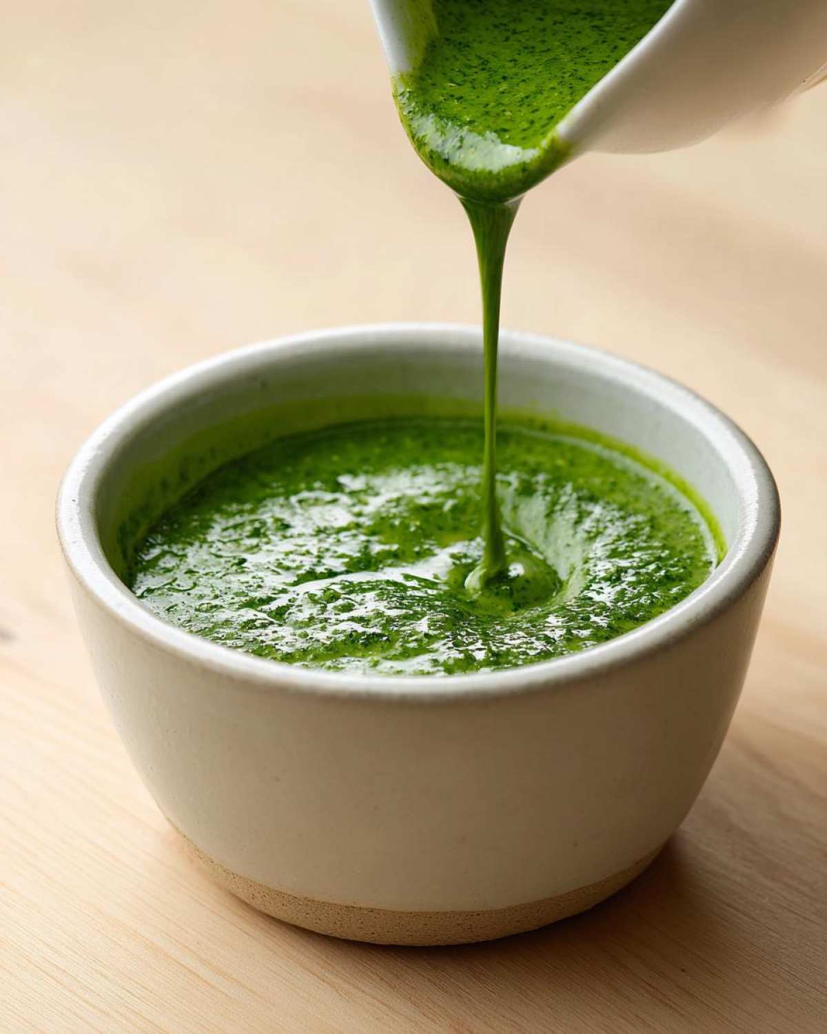Close-up of vibrant green Copycat Panera Green Goddess Dressing being poured from a white pitcher into a small ceramic bowl.