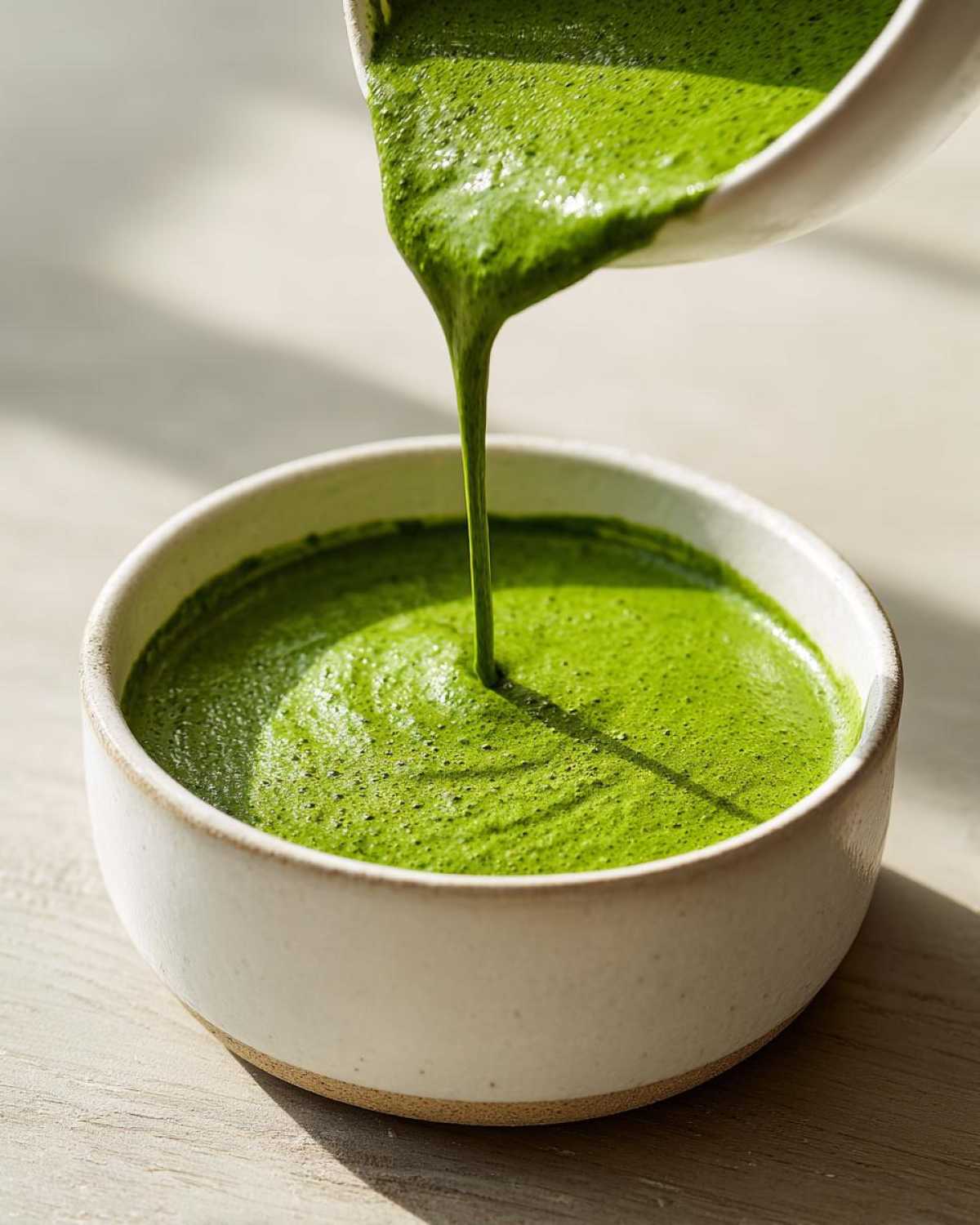 Thick, vibrant green Copycat Panera Green Goddess Dressing being poured into a small white ceramic bowl.