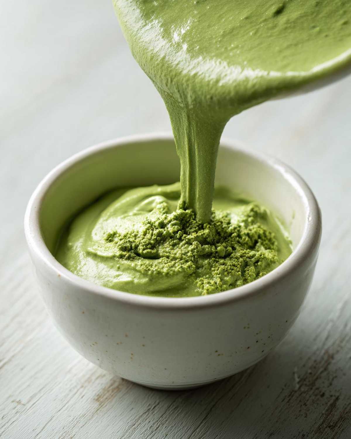 Thick, vibrant green Copycat Panera Green Goddess Dressing being poured into a white bowl containing more dressing and a sprinkle of green powder.