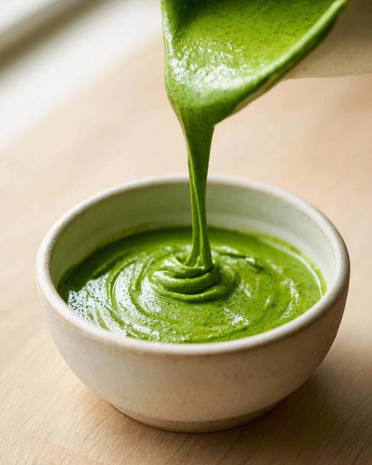 Thick, vibrant green Copycat Panera Green Goddess Dressing being poured into a small ceramic bowl.