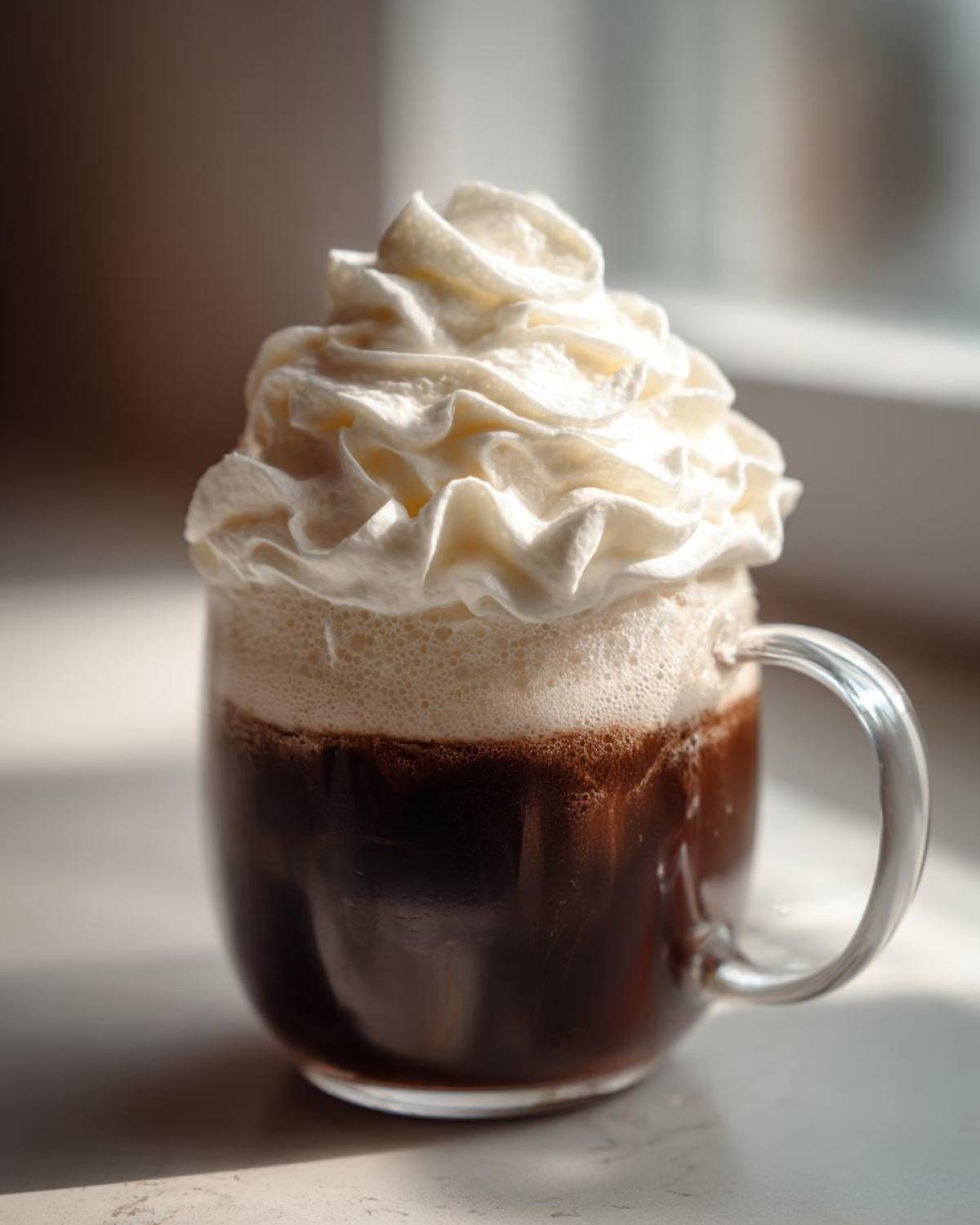 A clear glass mug filled with dark iced coffee topped with foam and a swirl of Copycat Starbucks Vanilla Sweet Cream Cold Foam.