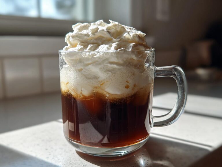 A glass mug filled with dark iced coffee topped generously with thick Copycat Starbucks Vanilla Sweet Cream Cold Foam.