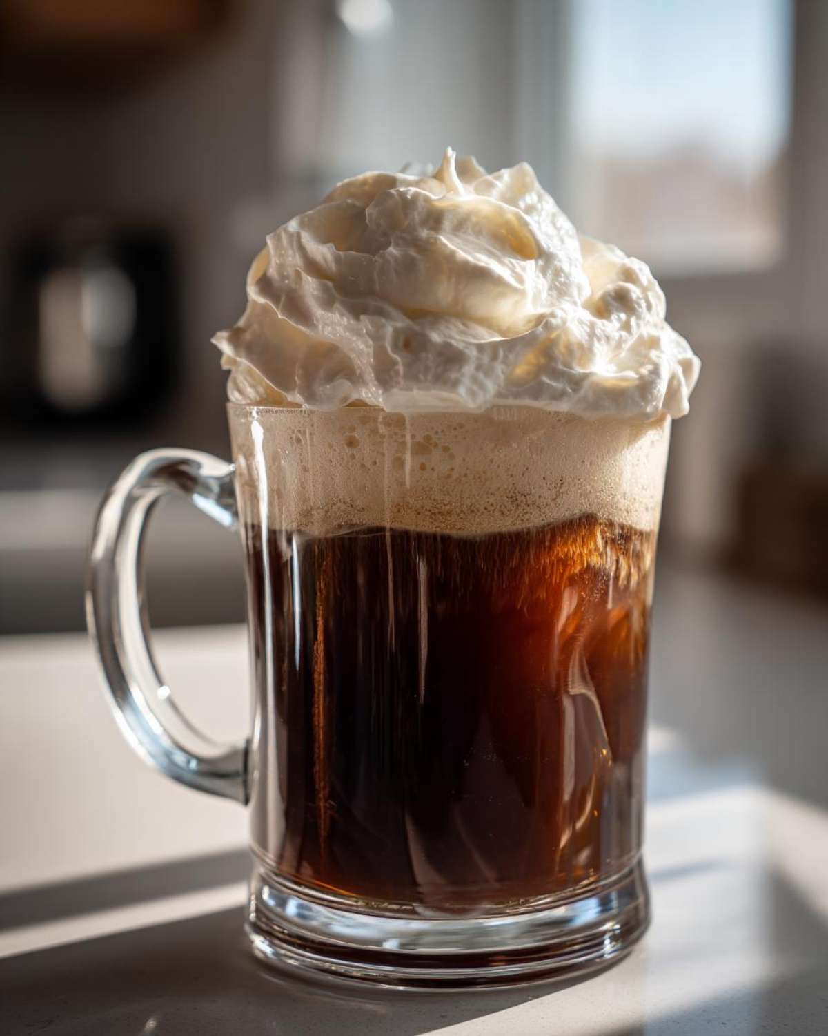 A glass mug filled with dark cold brew coffee topped with thick, airy Copycat Starbucks Vanilla Sweet Cream Cold Foam.