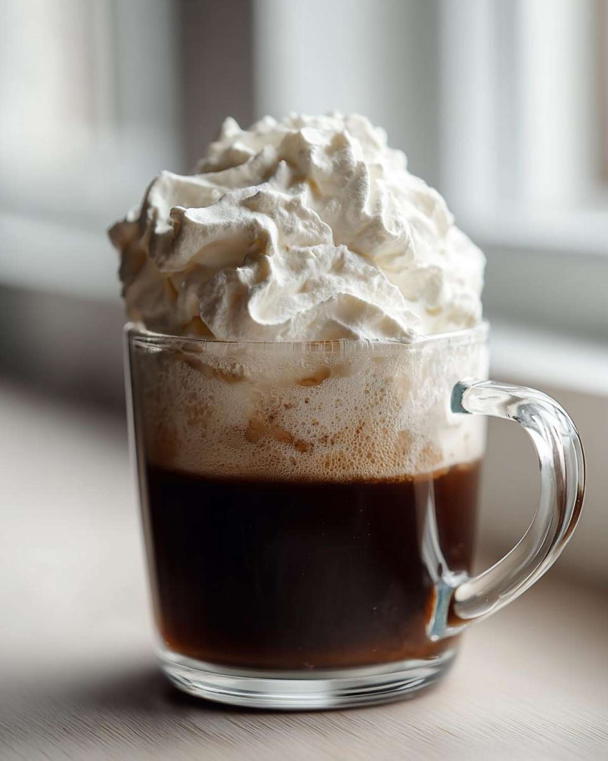 A clear glass mug filled with dark cold brew coffee topped generously with thick, white Copycat Starbucks Vanilla Sweet Cream Cold Foam.