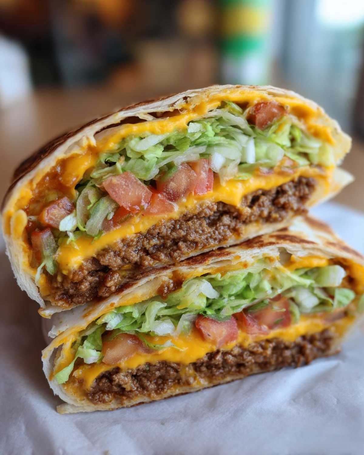 Close-up of a Copycat Taco Bell Crunchwrap Supreme cut in half, showing seasoned beef, cheese, lettuce, and tomatoes.