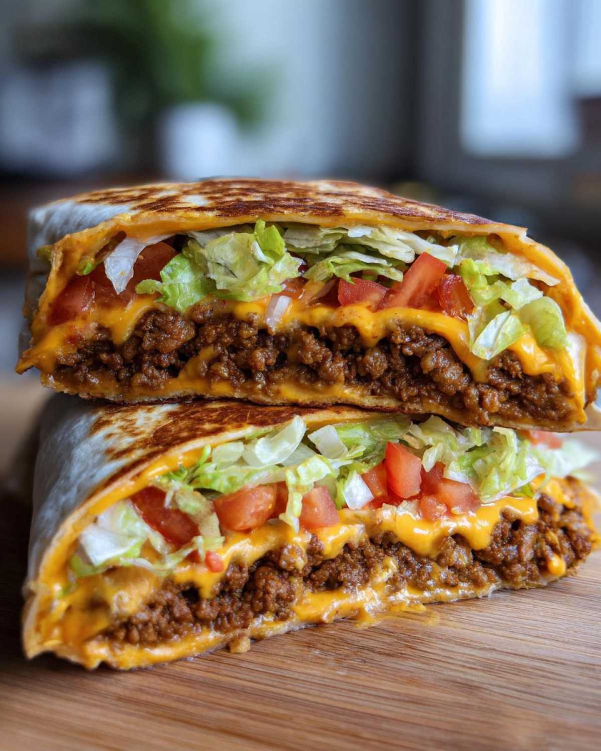 Two halves of a Copycat Taco Bell Crunchwrap Supreme stacked, showing seasoned beef, cheese sauce, lettuce, and tomato.
