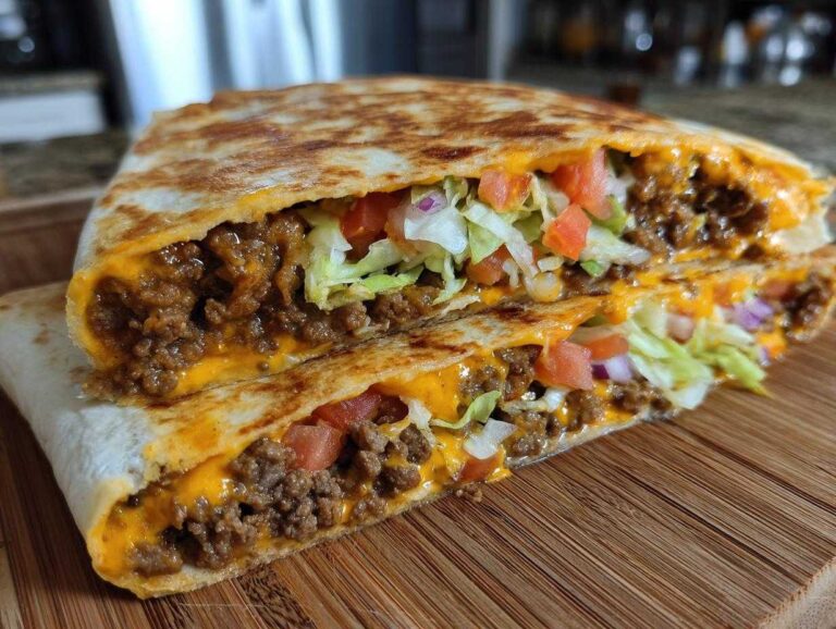 A cross-section view of a homemade Copycat Taco Bell Crunchwrap Supreme showing seasoned beef, melted cheese, lettuce, and tomatoes.