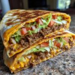 Two halves of a golden-brown Copycat Taco Bell Crunchwrap Supreme stacked, showing seasoned beef, melted cheese, lettuce, and tomatoes.