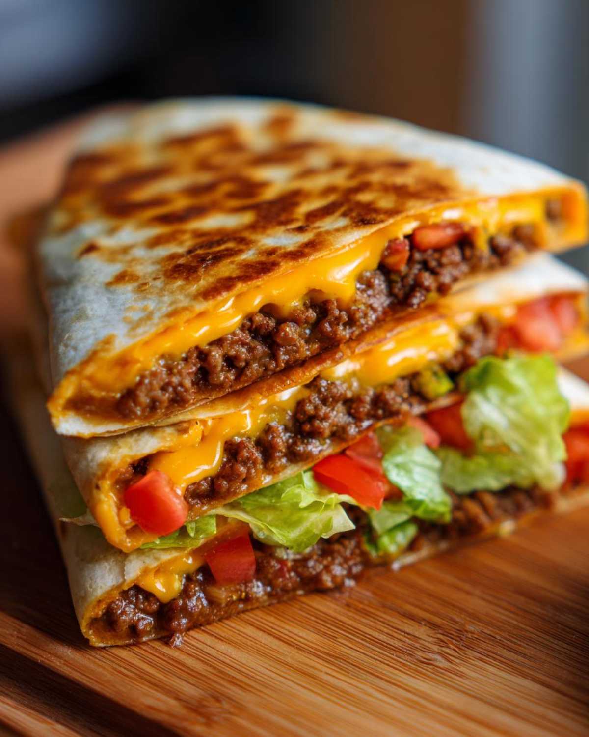 Two halves of a golden-brown Copycat Taco Bell Crunchwrap Supreme stacked, showing seasoned beef, melted cheese, lettuce, and tomato.