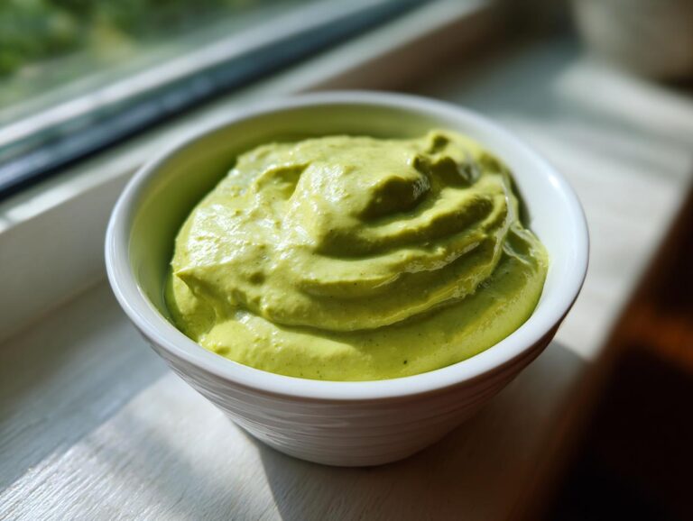 A close-up of thick, bright green Creamy Avocado Cilantro Sauce swirled in a white bowl near a window.