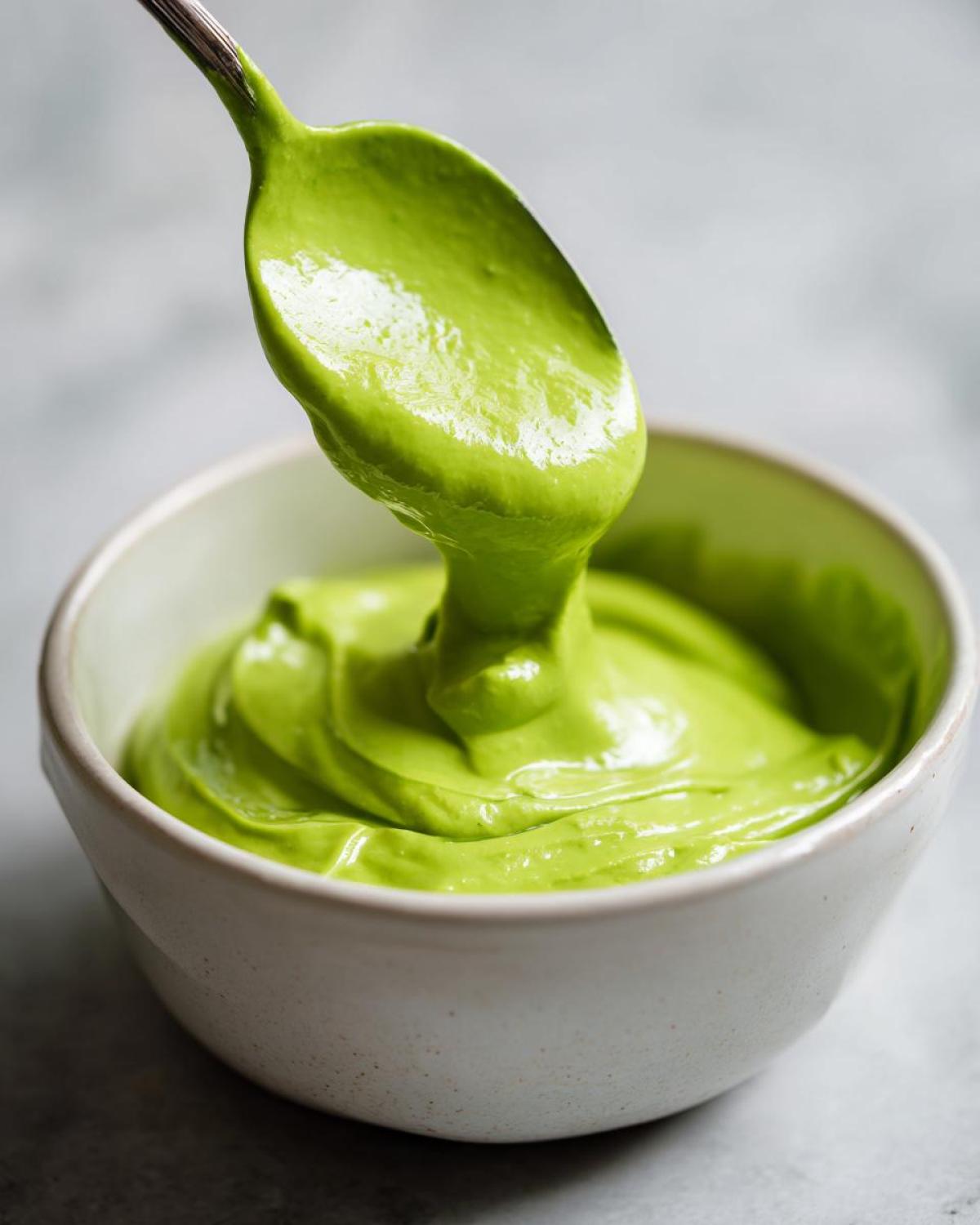 A spoonful of vibrant green Creamy Avocado Cilantro Sauce being lifted from a small white bowl.