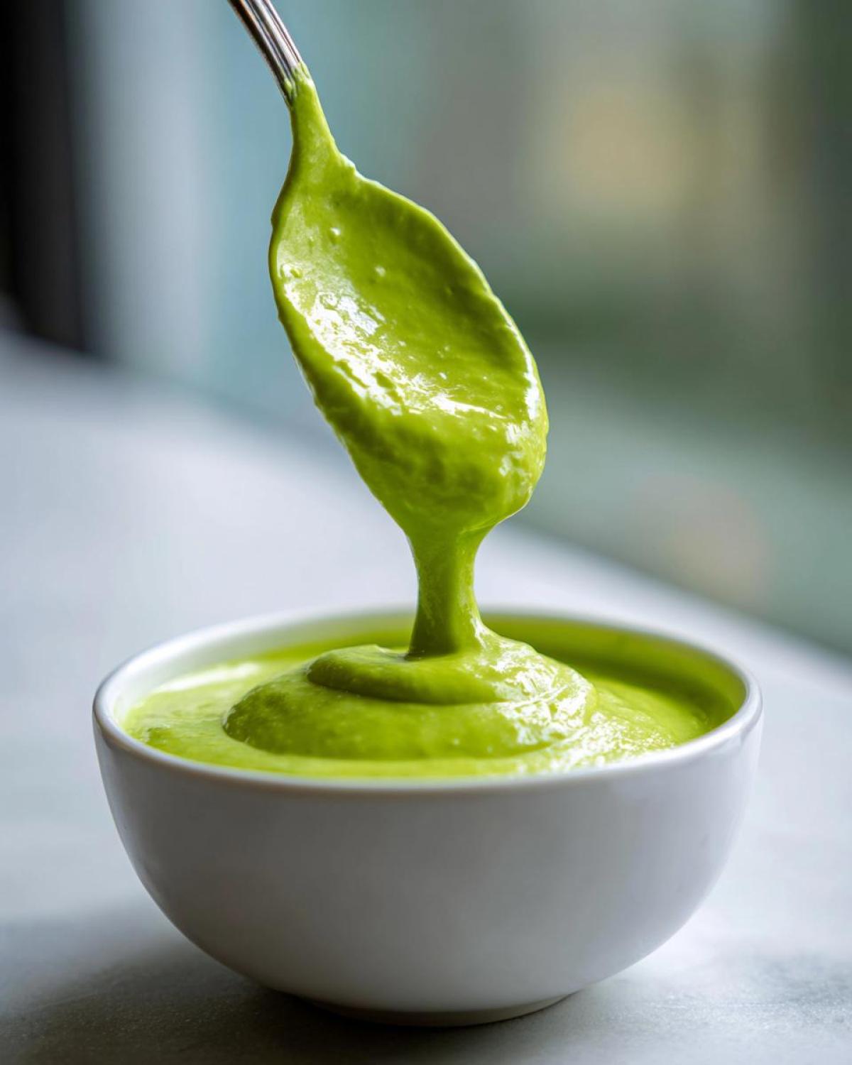A spoonful of vibrant, thick Creamy Avocado Cilantro Sauce dripping back into a white bowl.